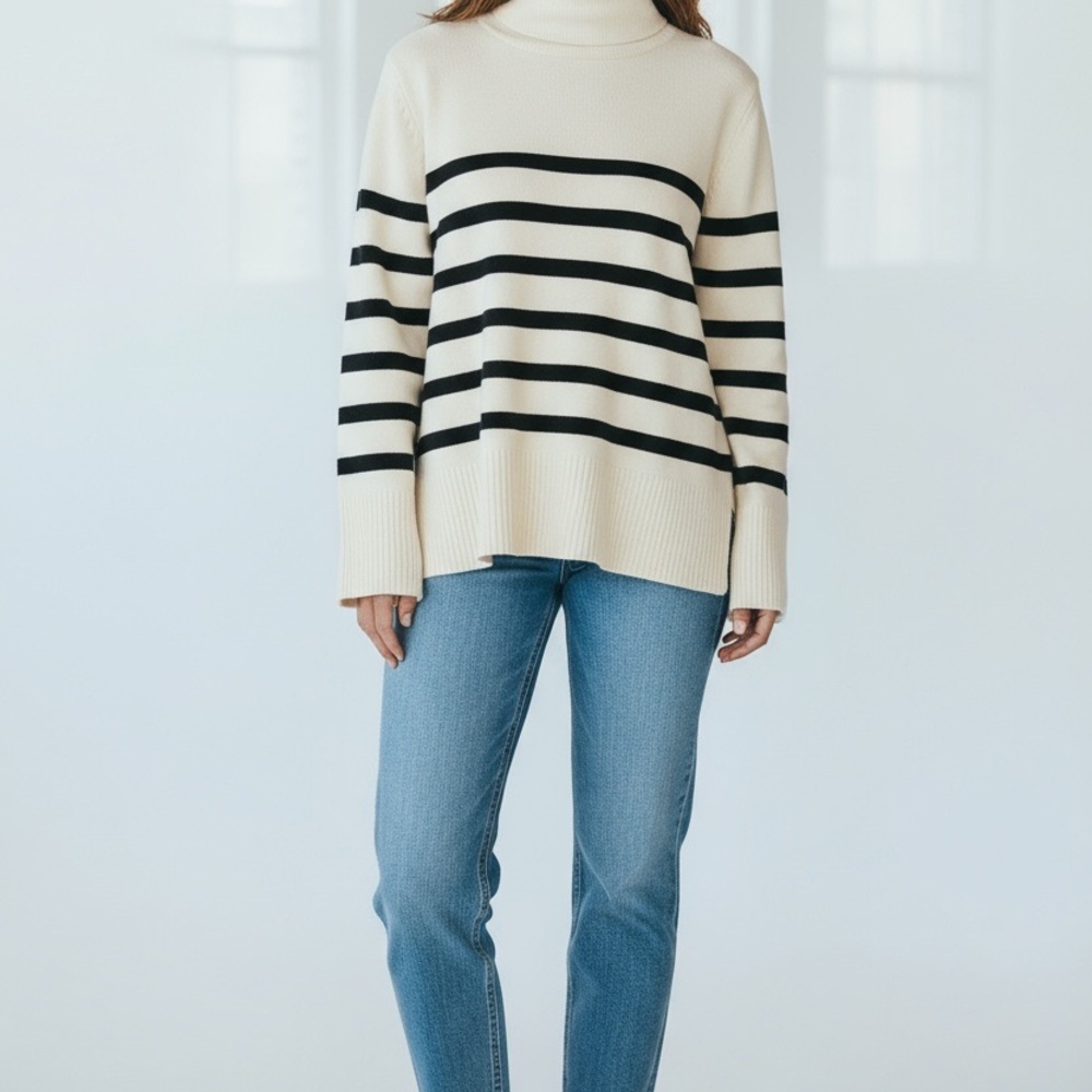 H&M Black and Cream Striped Turtleneck Sweater